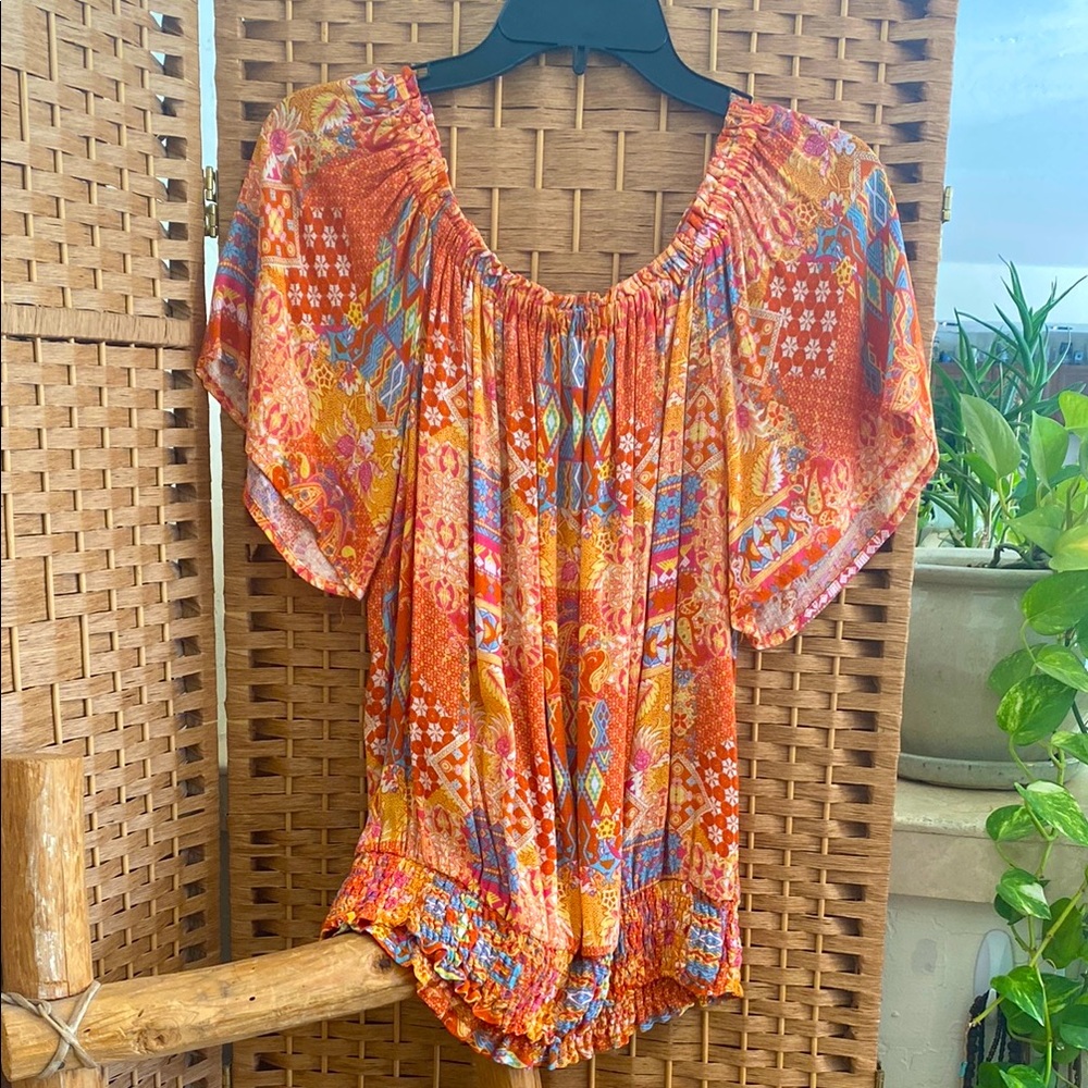 Christian Siriano Multicolor Orange  Peasant Top
